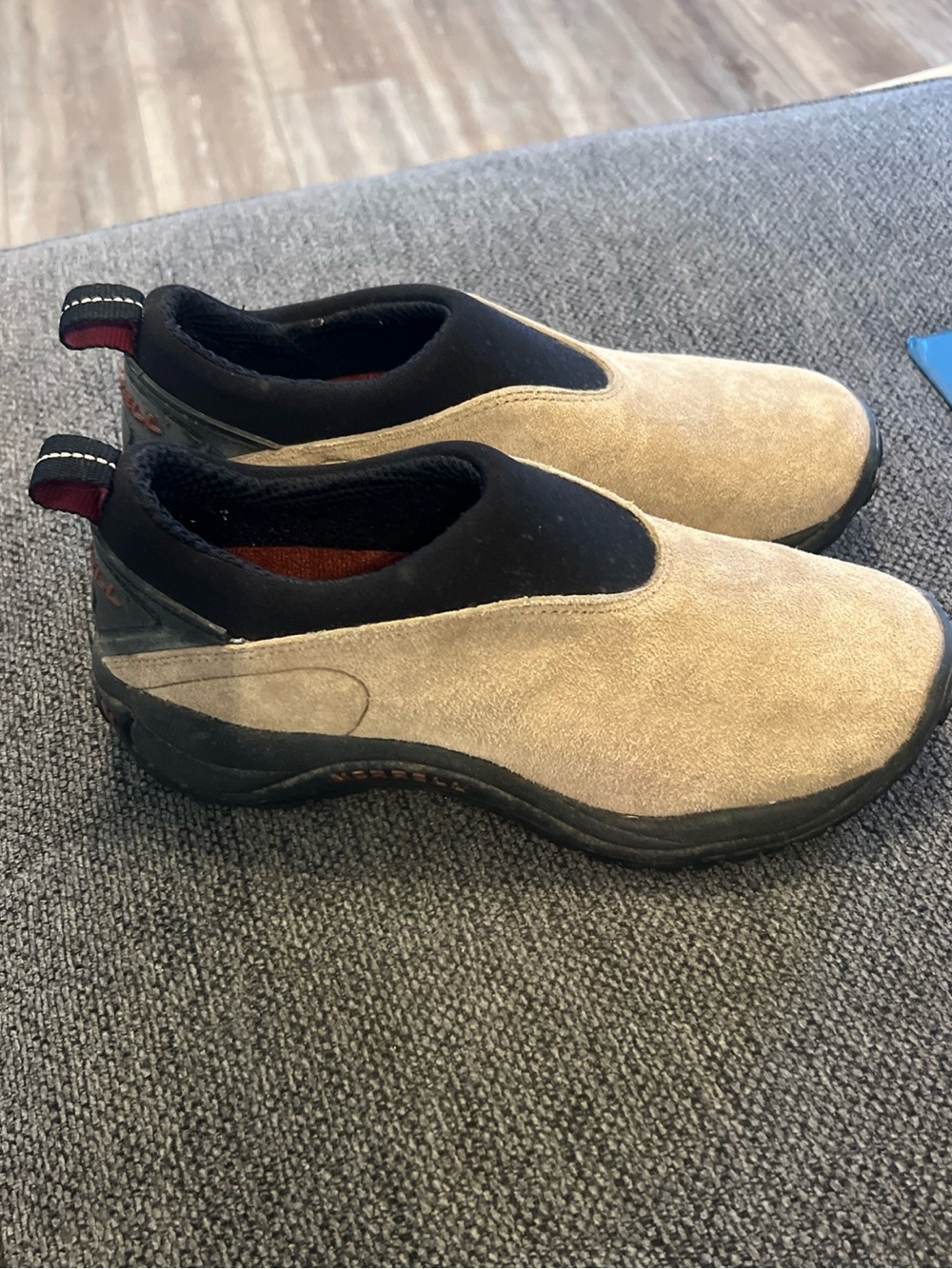 Merrell Beige and Black Slip-On Suede Loafers